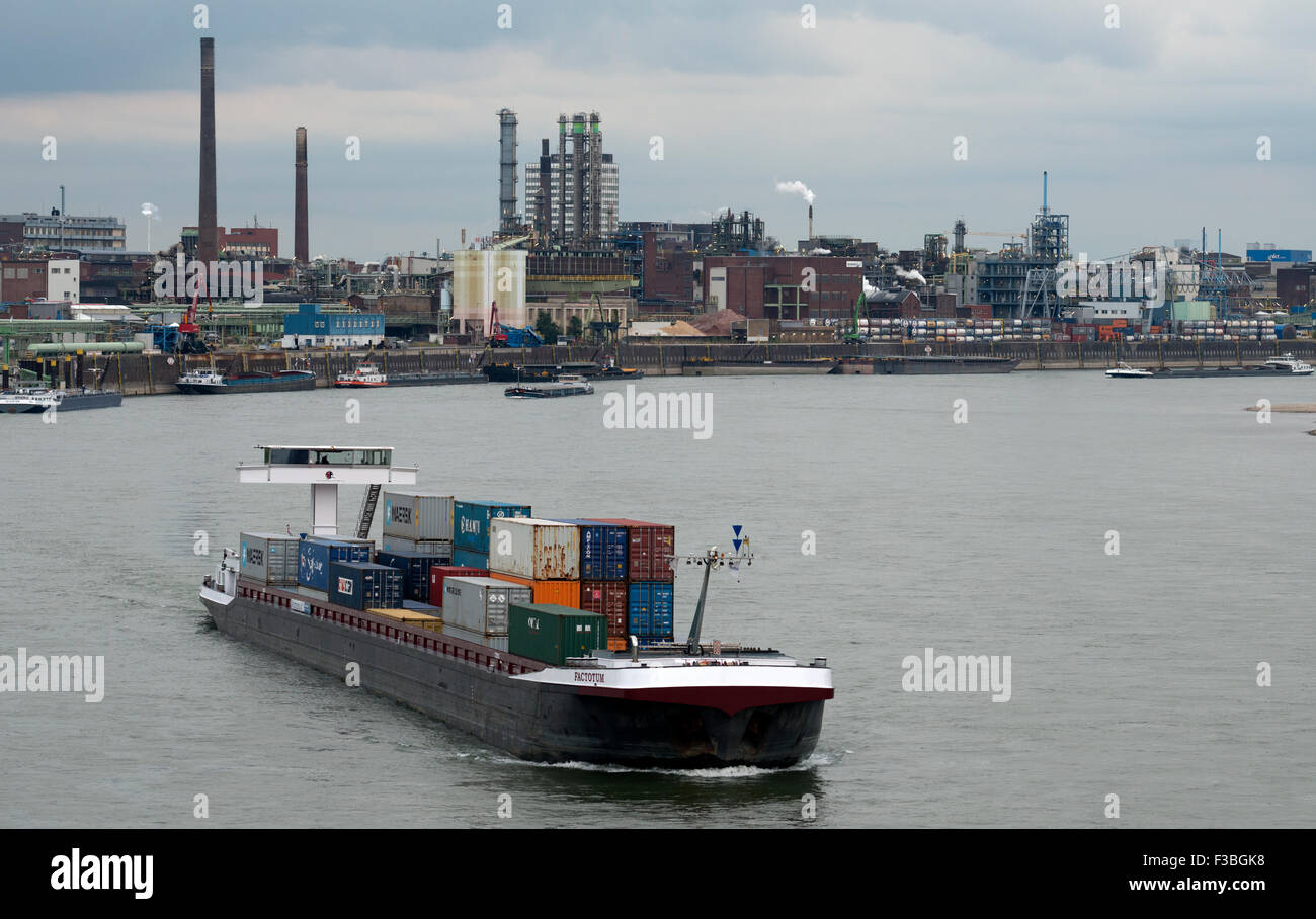 Factotum container barge river Rhine, Leverkusen, Germany. Stock Photo