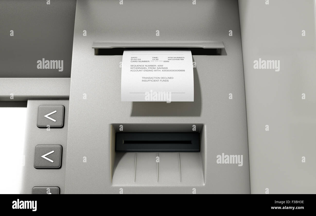 A closeup view of the slip printing section of an atm with a declined receipt Stock Photo