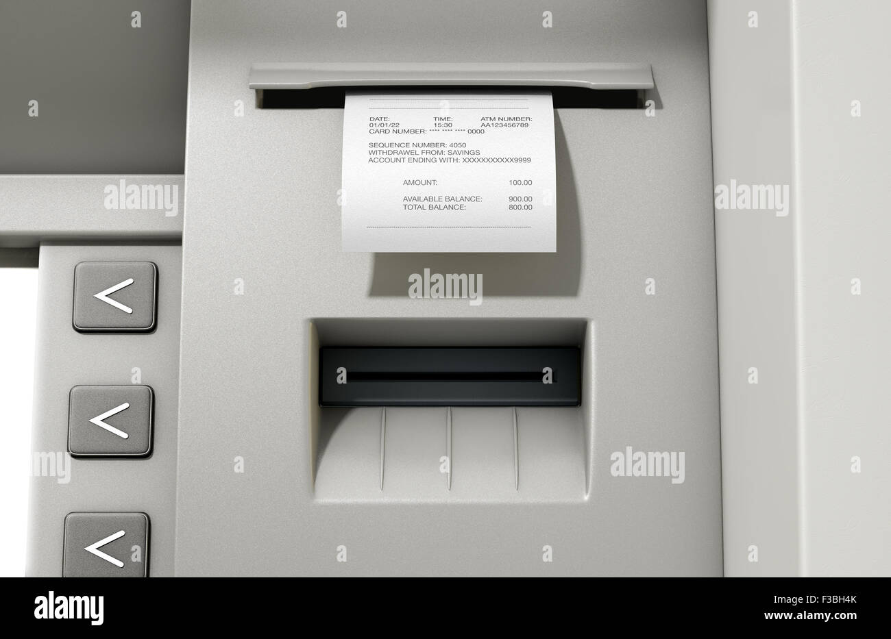 A closeup view of the slip printing section of an atm with a withdrawel receipt Stock Photo