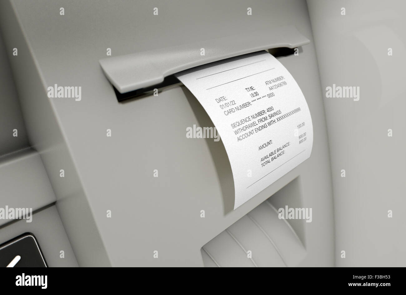 A closeup view of the slip printing section of an atm with a withdrawel receipt Stock Photo