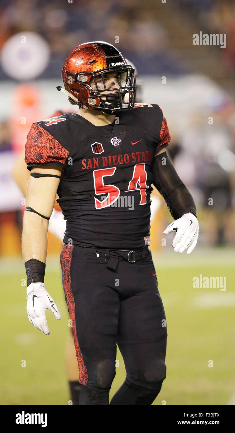 San Diego, CA. 03rd Oct, 2015. San Diego State University Linebacker #54  Calvin Munson during the San Diego State University Aztecs conference  opener against the Fresno State Bulldogs at Qualcomm Stadium in