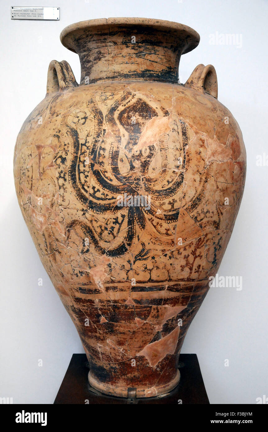 A three handled pithoid jar from a Mycenaean tholos tomb now in the museum exhibiting finds from and around King Nestor's Palace Stock Photo