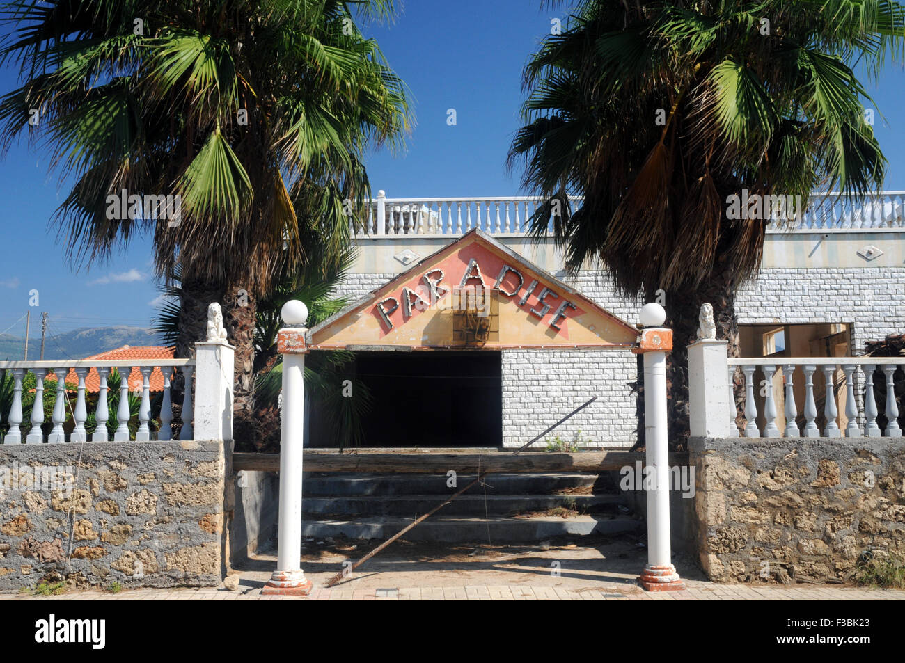 An abandoned building in the small seaside town of Agrilis in the Greek Peloponnese, perhaps a victim of Greek austerity. Stock Photo