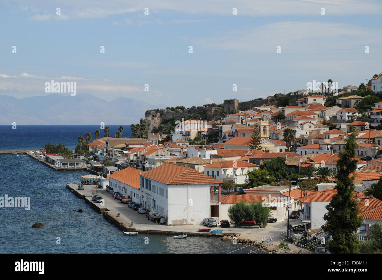 Koroni harbour and port. The town has been described as one of the prettiest in the Peloponnese and a romantic fishing village. Stock Photo