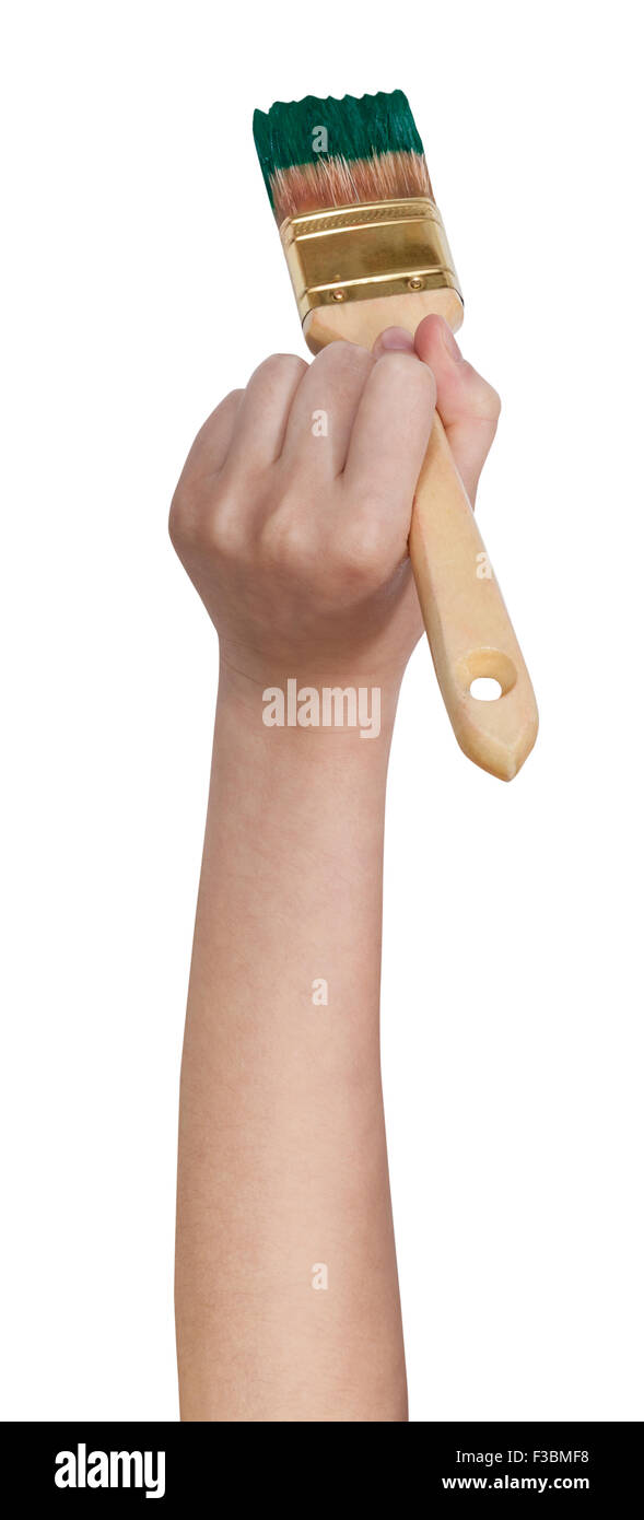 house painter hand paints with brush in green paint isolated on white