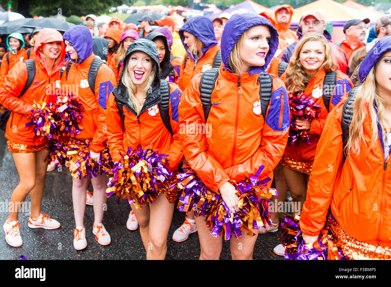 Clemson cheerleaders entertaining the crowd gathered outside Memorial stadium for Tiger Walk prior to the NCAA Football game between Notre Dame and Clemson at Death Valley in Clemson, SC. David Grooms/CSM Stock Photo