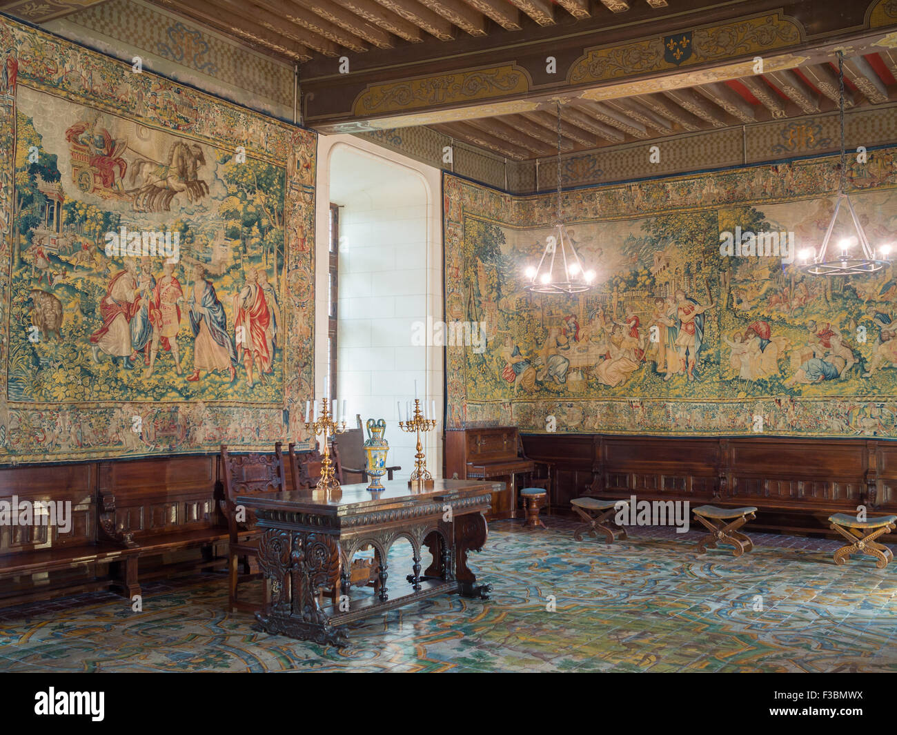 Domain of Chaumont-sur-Loire tapestry room with tile covered floor Stock Photo