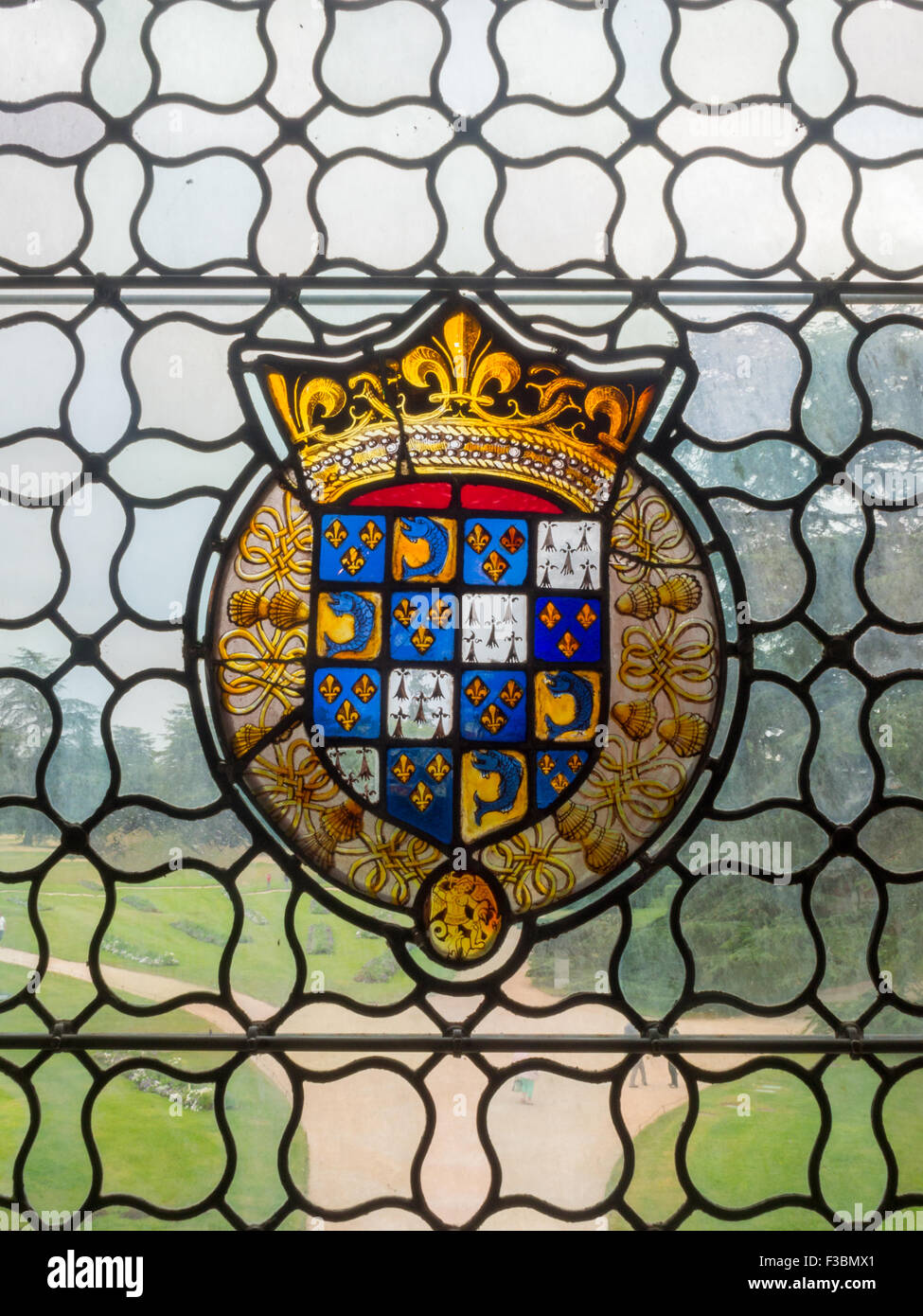 Stained glass blazon in a window of Chaumont-sur-Loire Chateau Stock Photo