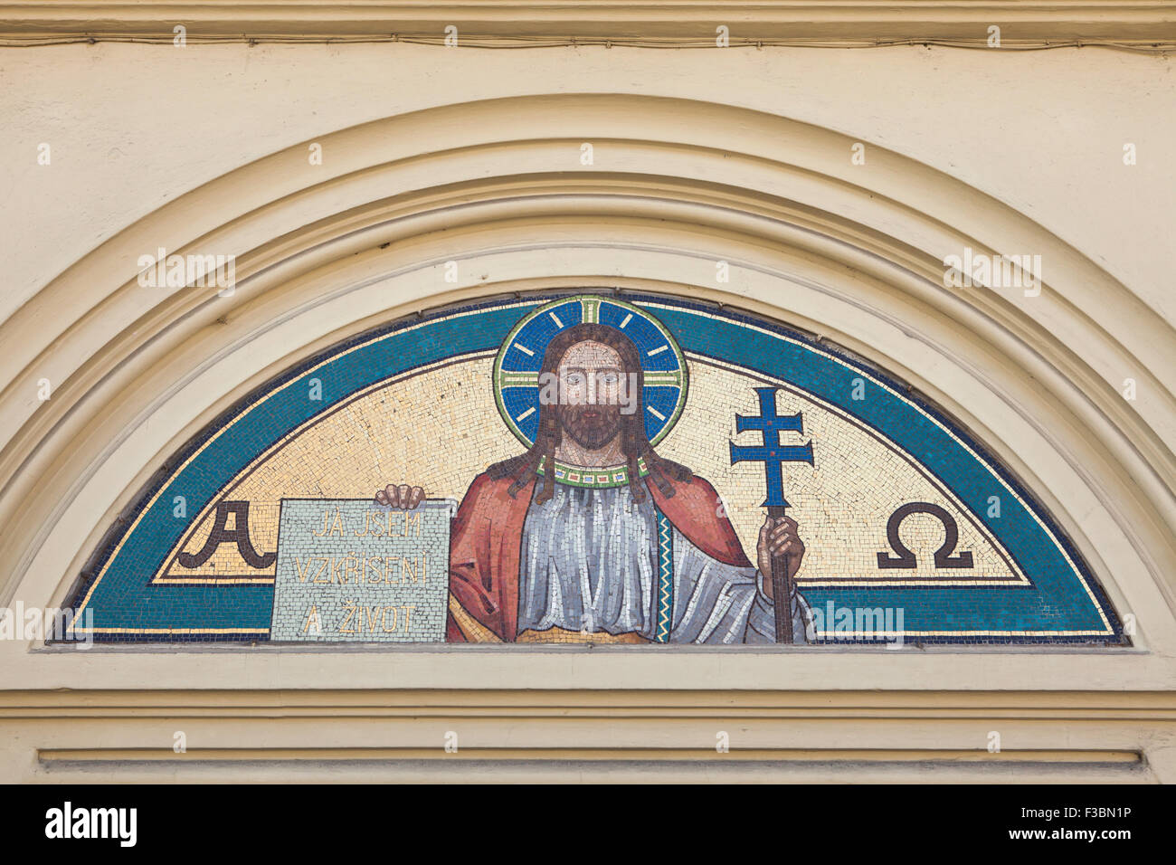 Jesus Christ depicted in the mosaic on the Church of Our Lady of the Rosary in České Budějovice in South Bohemia, Czech Republic. Stock Photo