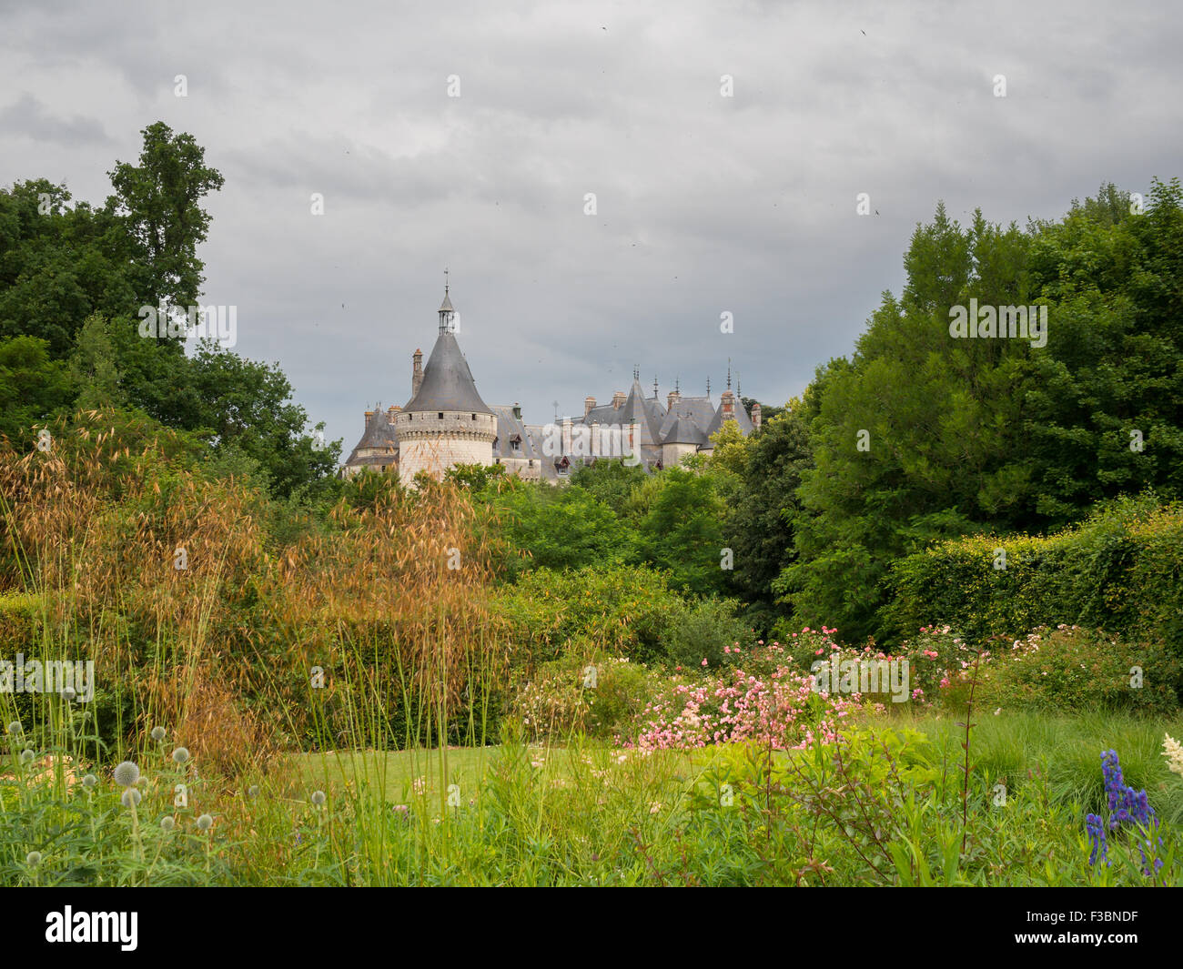The pointed roofs of the Chateau Chaumont-sur-Loire seen over the garden trees Stock Photo