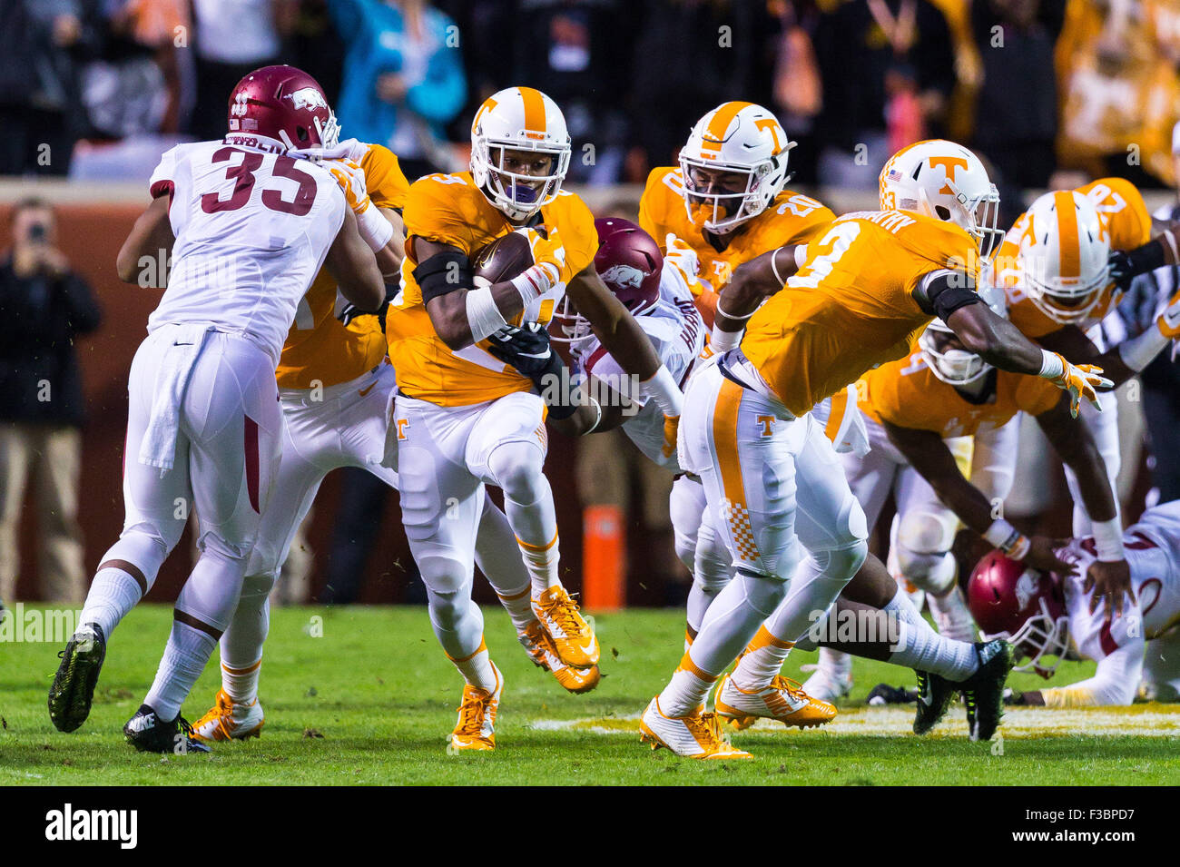 October 03, 2015: Evan Berry #29 of the Tennessee Volunteers returns the opening kick off for a touchdown during the NCAA Football game between the University of Tennessee Volunteers and the Arkansas Razorbacks at Neyland Stadium in Knoxville, TN Tim Gangloff/CSM Stock Photo