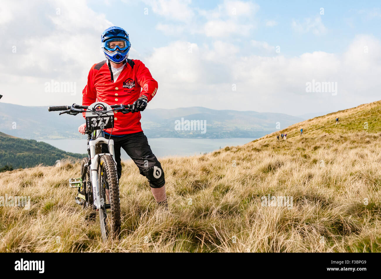 Rostrevor, Northern Ireland. 04 Oct 2015 - A competitor on the top of Slieve Martin at the start of the Redbull Foxhunt mountain bike downhill challenge Credit:  Stephen Barnes/Alamy Live News Stock Photo