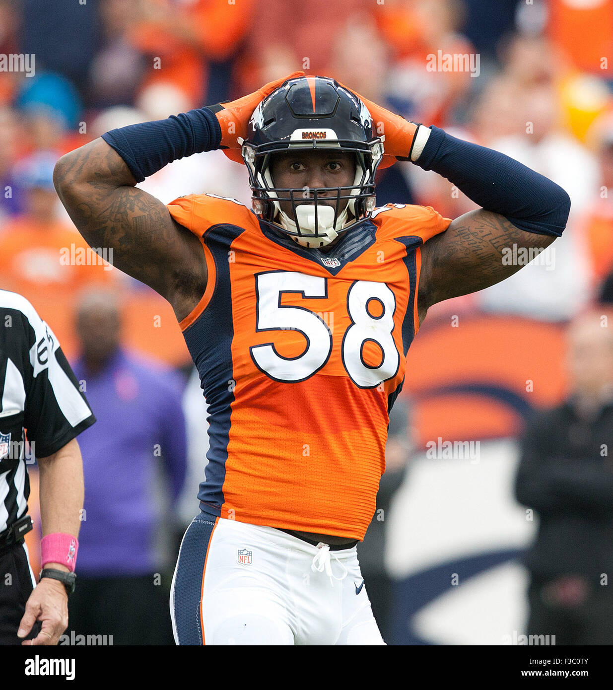 Denver, Colorado, USA. 4th Oct, 2015. Broncos OLB VON MILLER celebrates ...