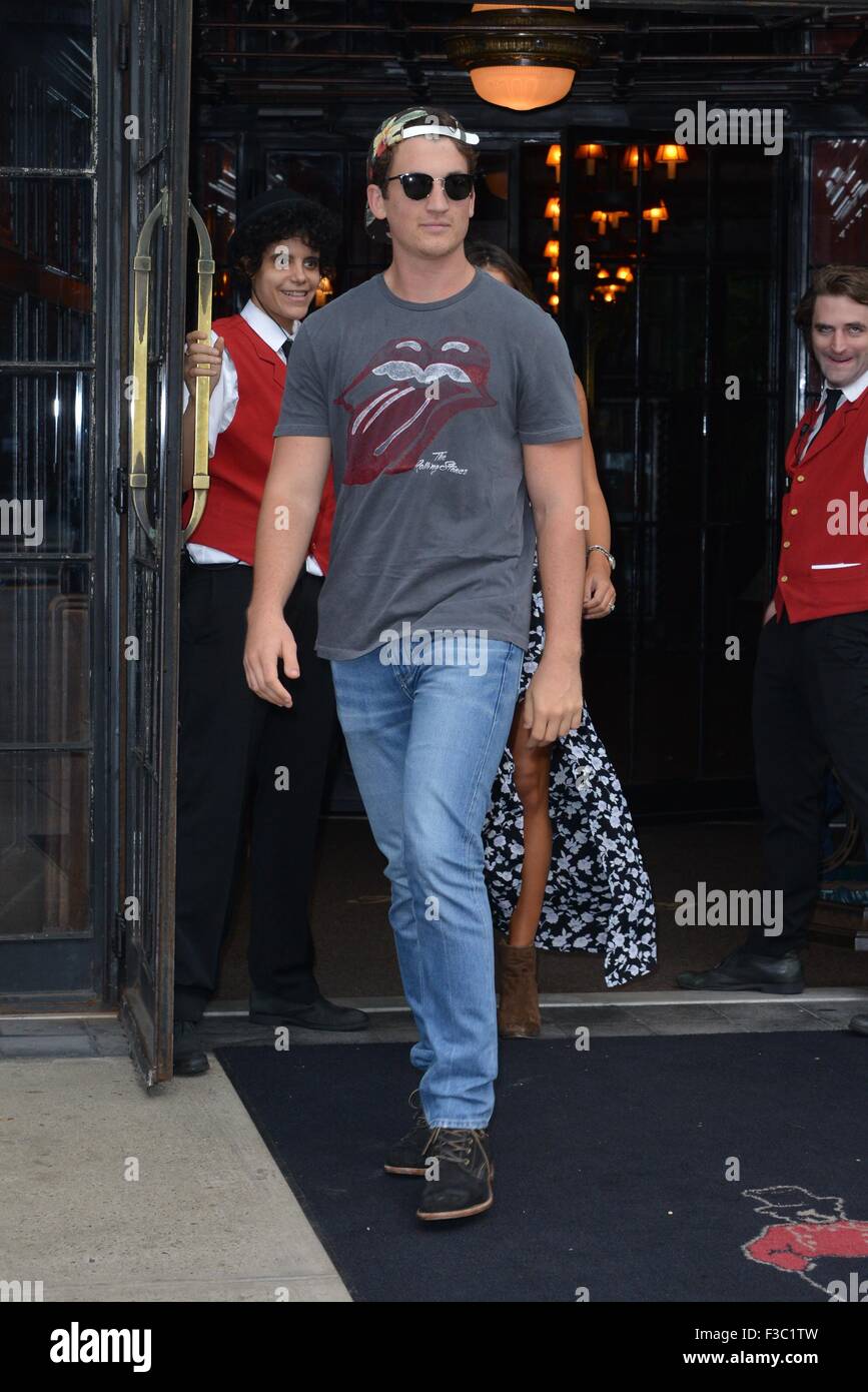 The cast of Fantastic 4 leaving their hotel in New York  Featuring: Miles Teller Where: New York City, New York, United States When: 03 Aug 2015 Stock Photo