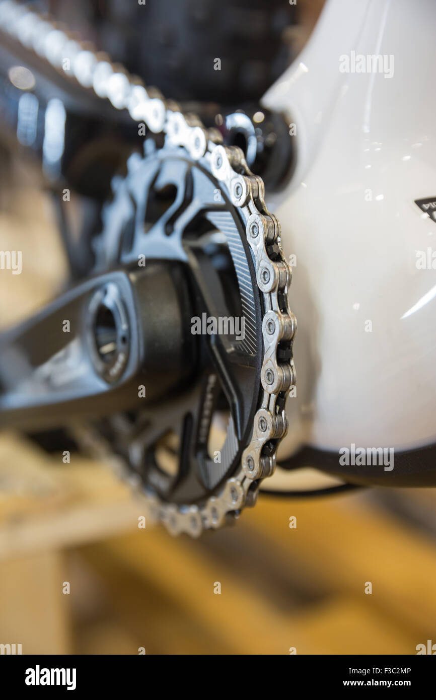 Particular of a mountain bike chainring and chain Stock Photo Alamy
