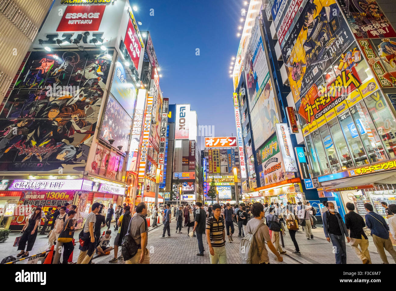 Billboards on shop fronts in Akihabara known as Electric Town or Geek Town selling Manga based games and videos in Tokyo Japan Stock Photo