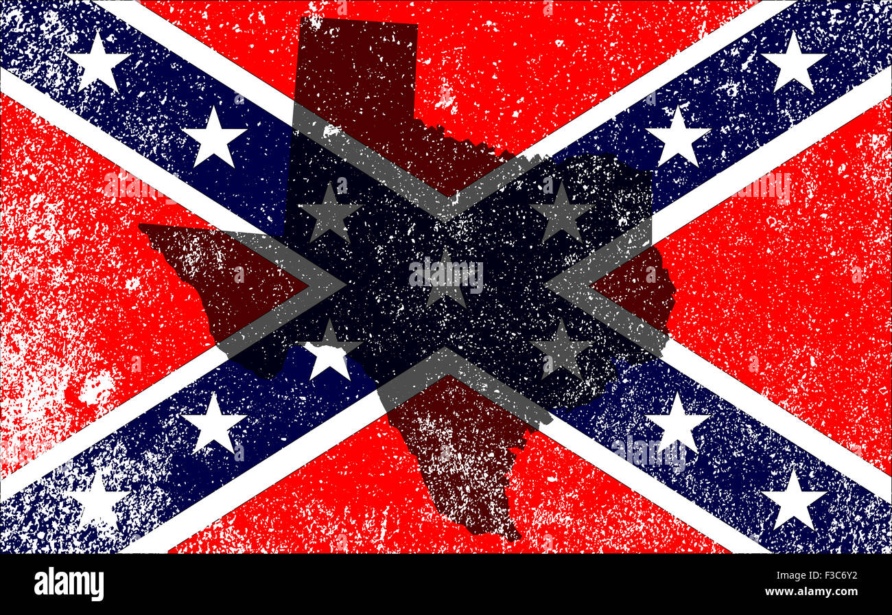 The flag of the confederates during the American Civil War with Texas map silhouette overlay Stock Photo