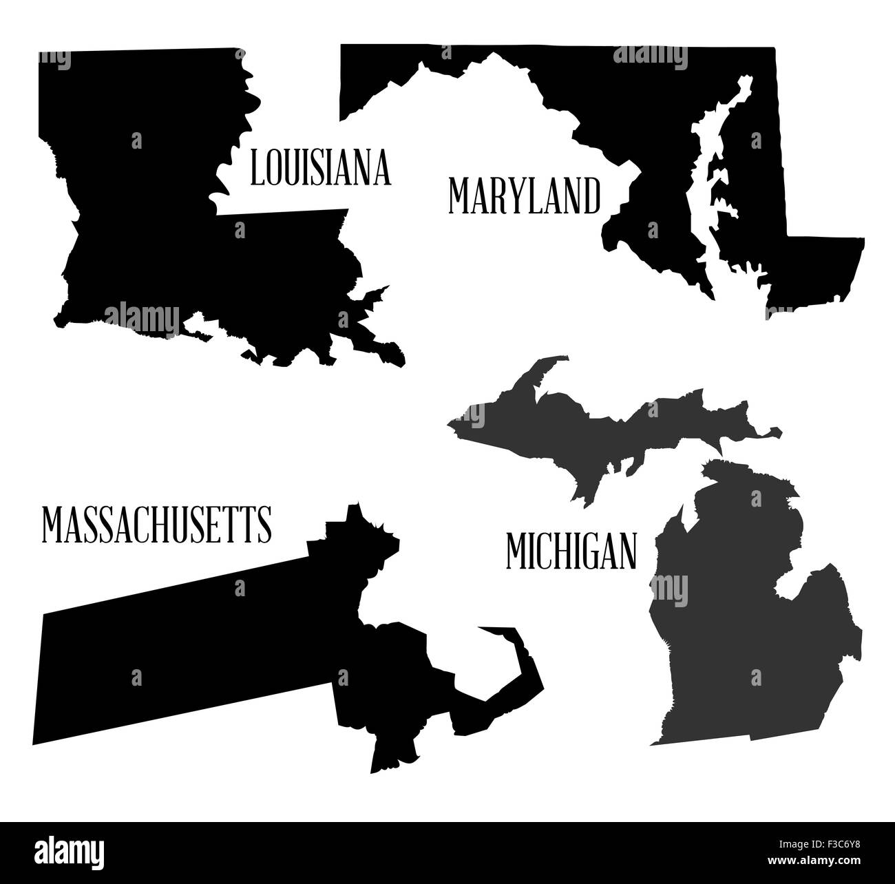 Silhouette map of a selection of the states of America Stock Photo