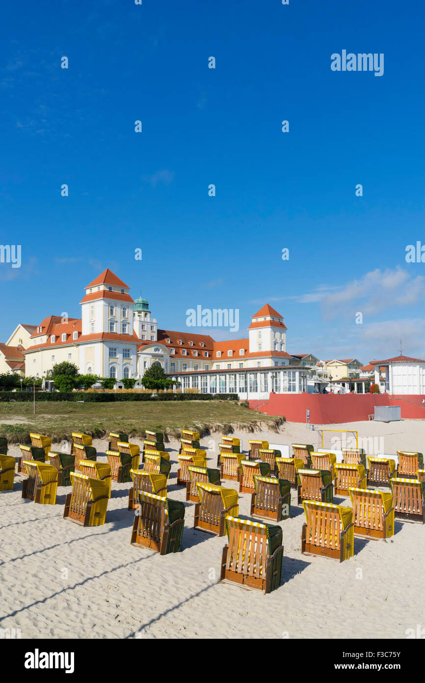 View of traditional Strandkorb seats on beach at Binz seaside resort on Rugen Island in Germany Stock Photo