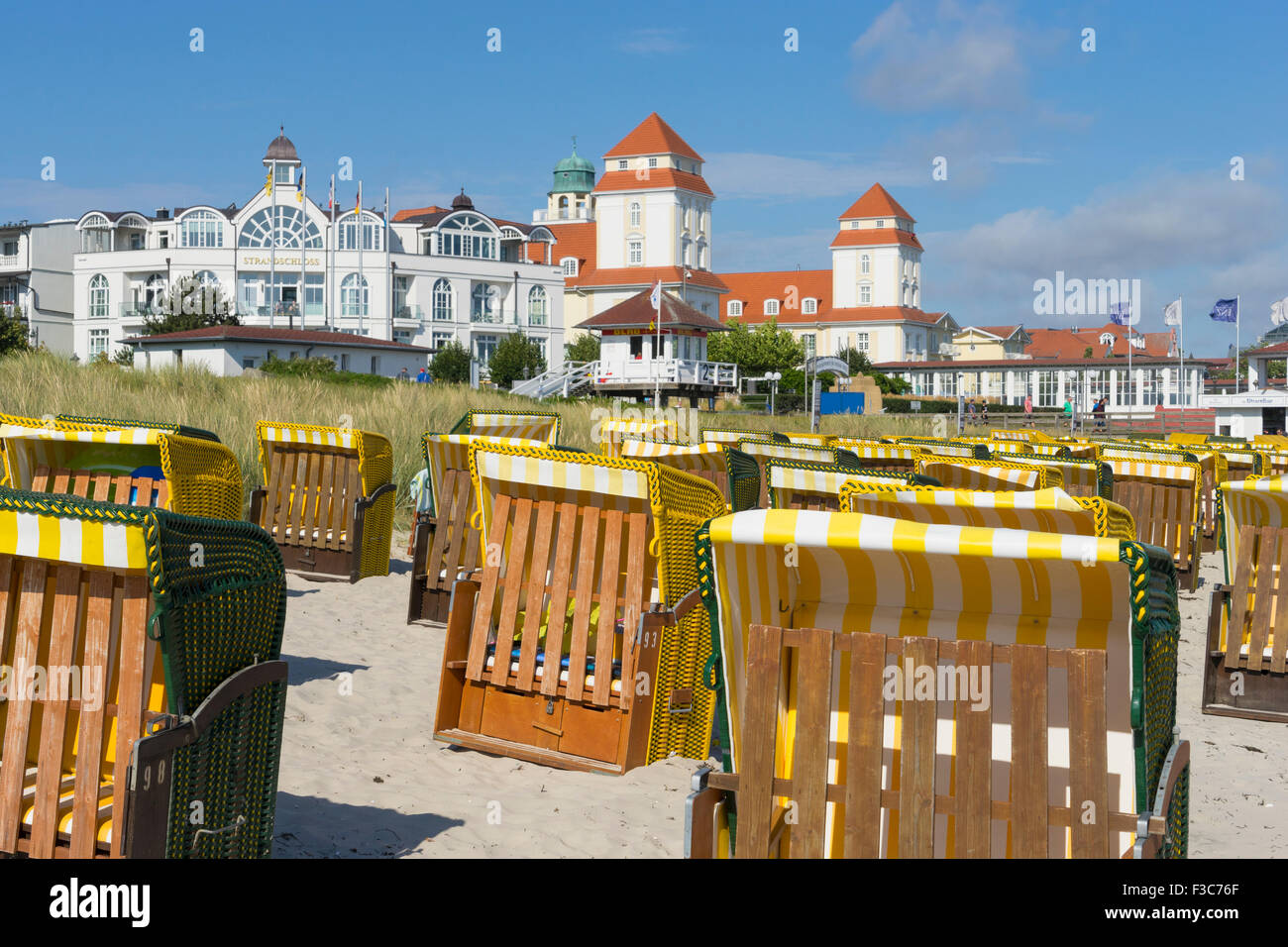 View of traditional Strandkorb seats on beach at Binz seaside resort on Rugen Island in Germany Stock Photo