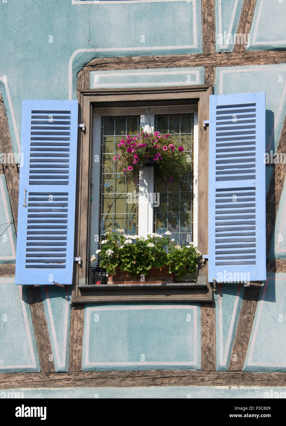 Traditional shuttered window half timbered house Petite Venise Colmar Alsace France Stock Photo