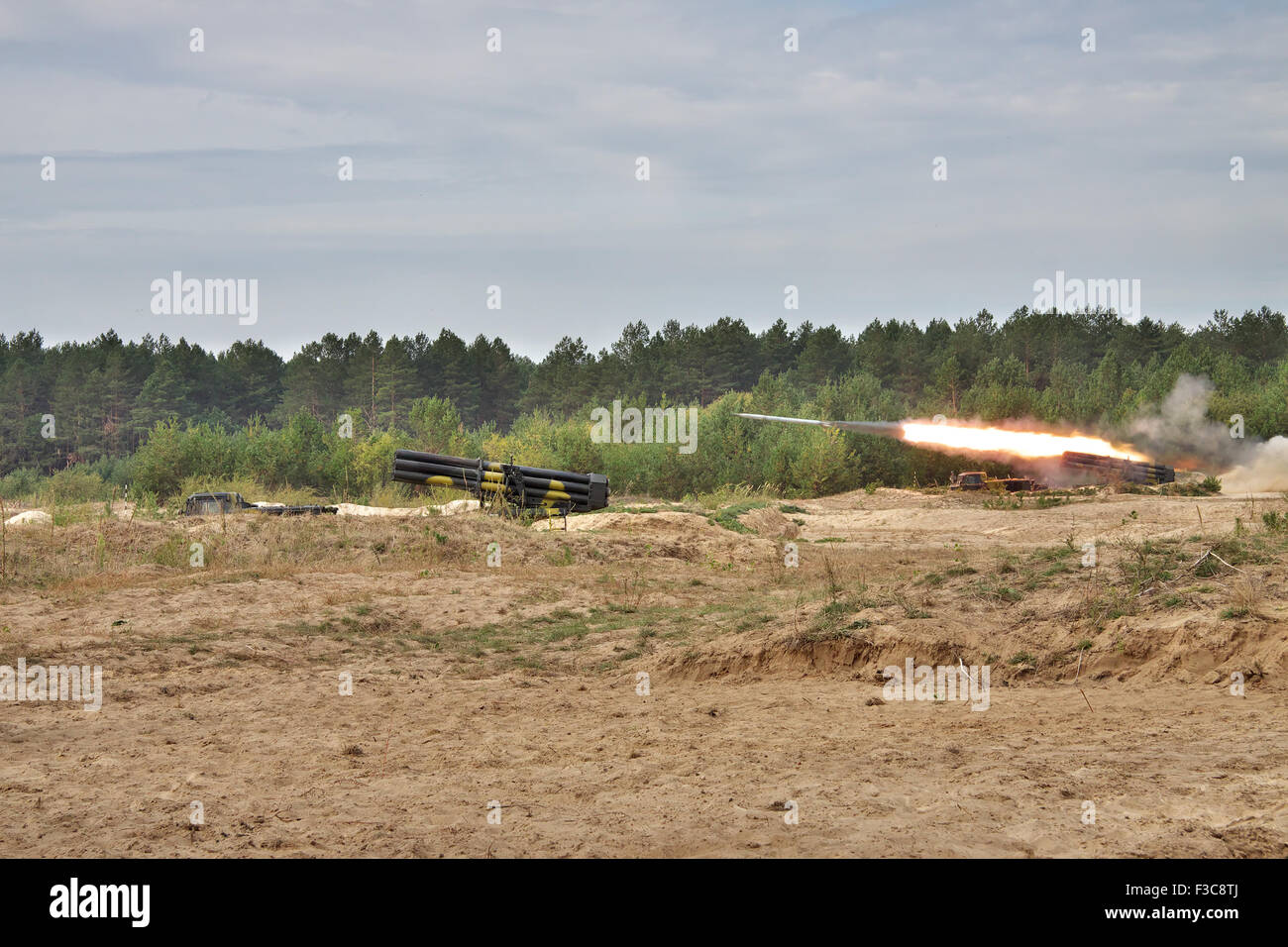 Goncharovskoe, Ukraine - September 16, 2010: BM-27 Uragan missile launchers on position during training firing Stock Photo