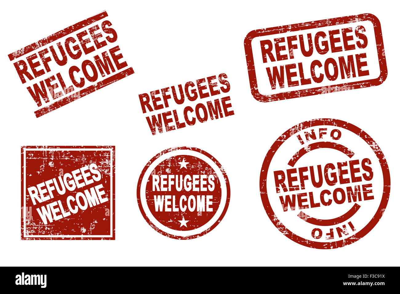 Set of stylized red ink stamps showing the term refugees welcome. All on white background. Stock Photo