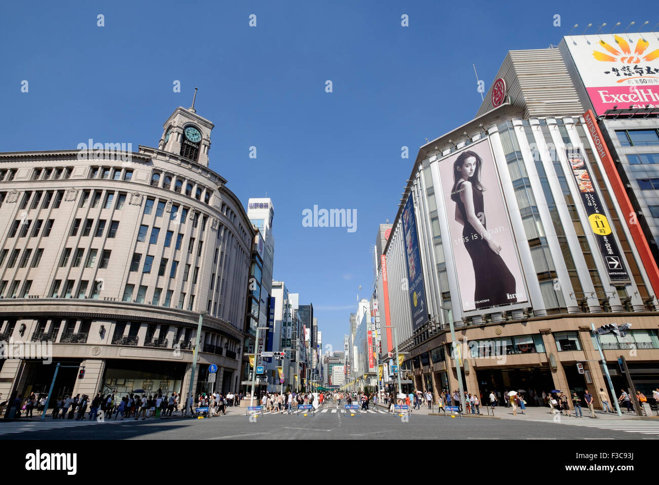 Street in upmarket shopping district of Ginza in Tokyo Japan Stock Photo