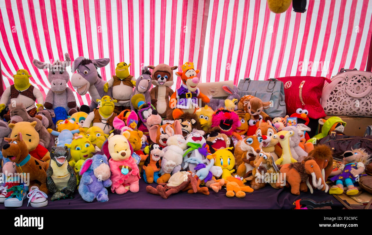 Display of soft toy animals on a market stall Stock Photo