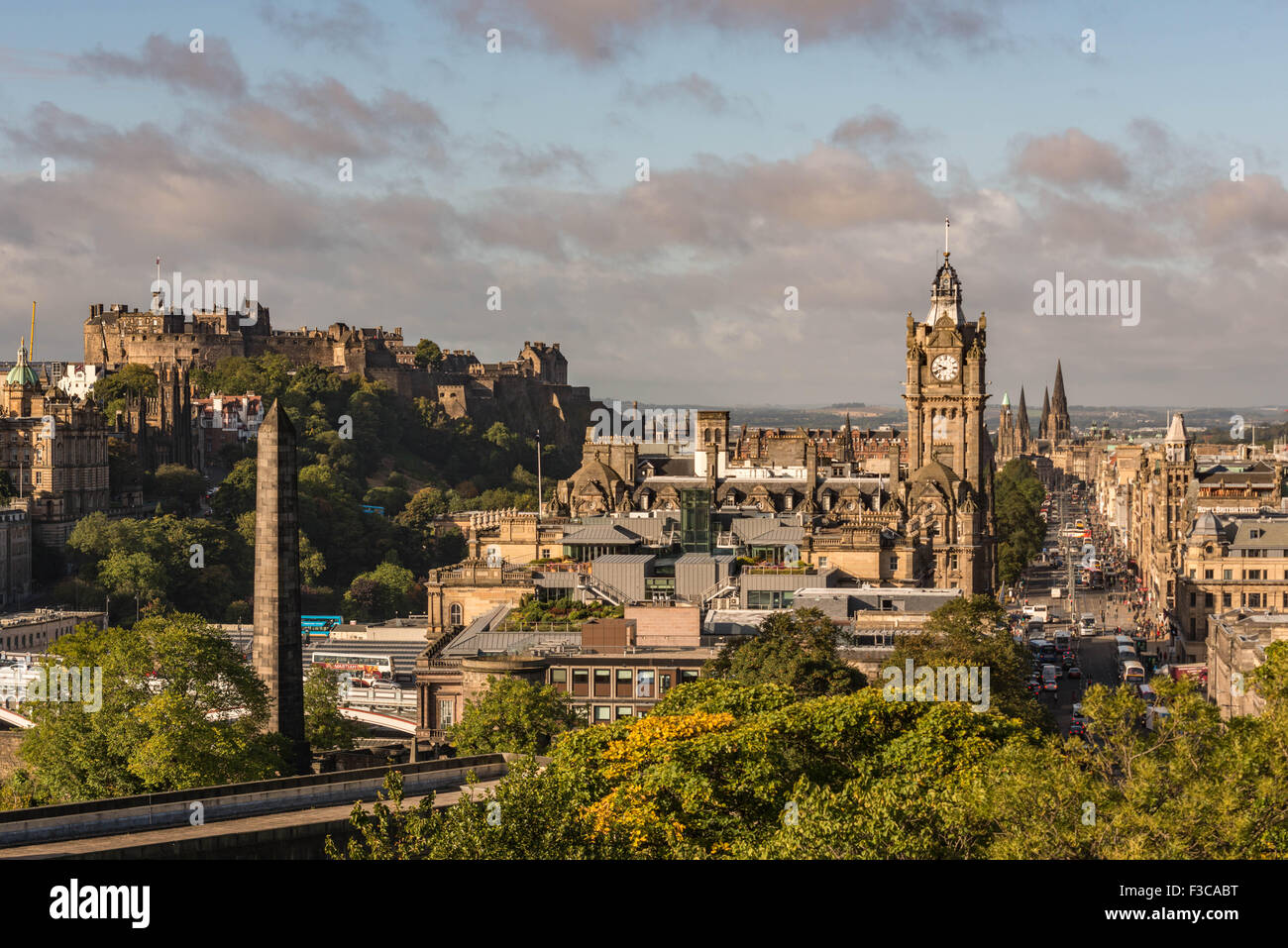 Edinburgh Skyline looking west from Calton Hill, with Edinburgh Castle on the left, the clock of the Balmoral Hotel and Princes Street, on the right Stock Photo