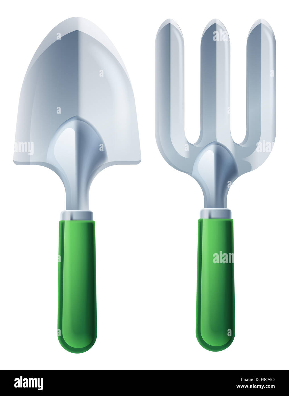 A garden fork and trowel spade gardeners gardening tools Stock Photo