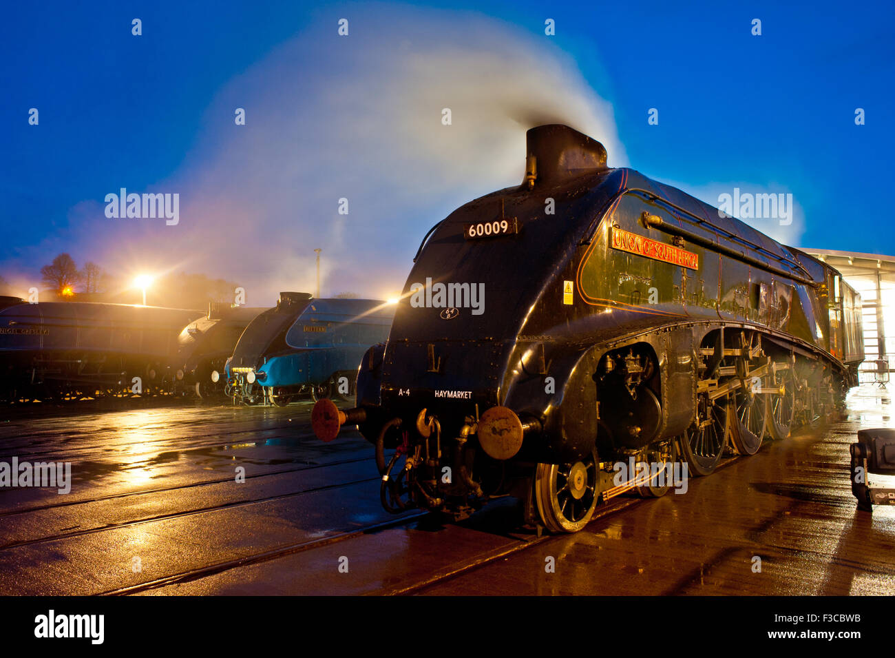 the great gathering A4 class Steam Engines at Night, Locomotion museum Shildon county Durham Stock Photo