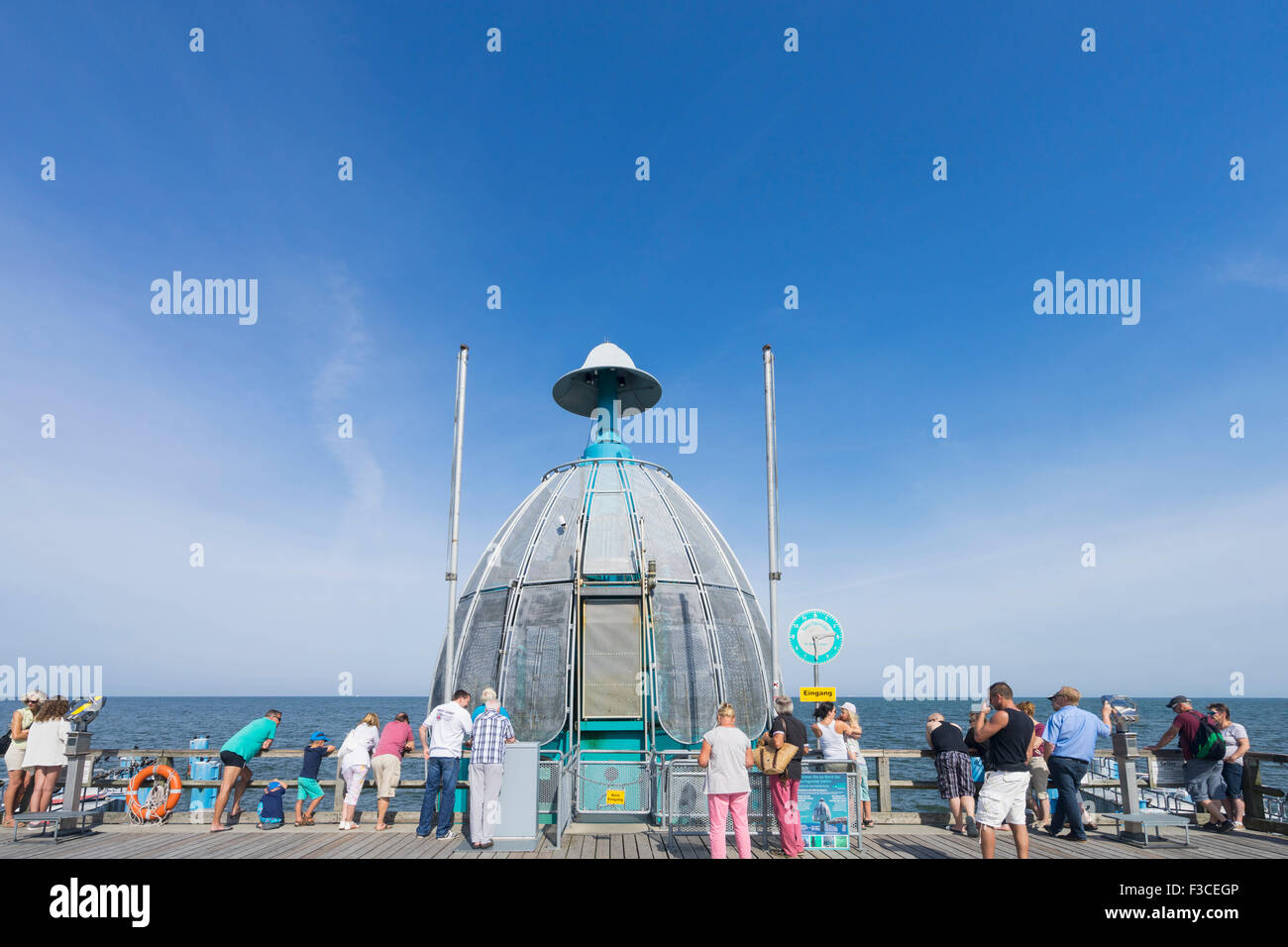Diving Gondola underwater observation bell on pier at Selling on Rugen Island in Germany Stock Photo