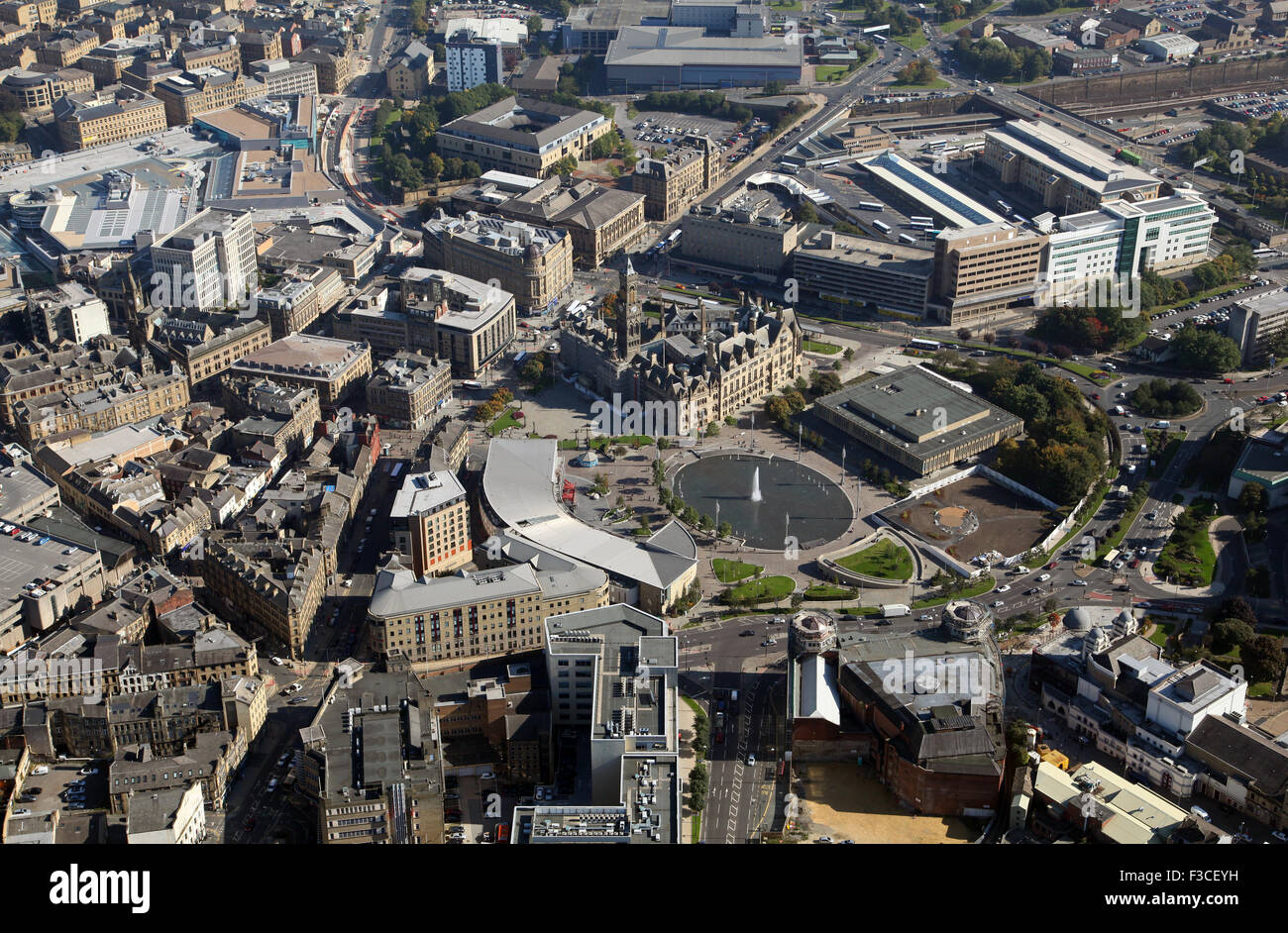 aerial view of Bradford city centre, town hall, Mirror Pool & City Park. West Yorkshire UK Stock Photo