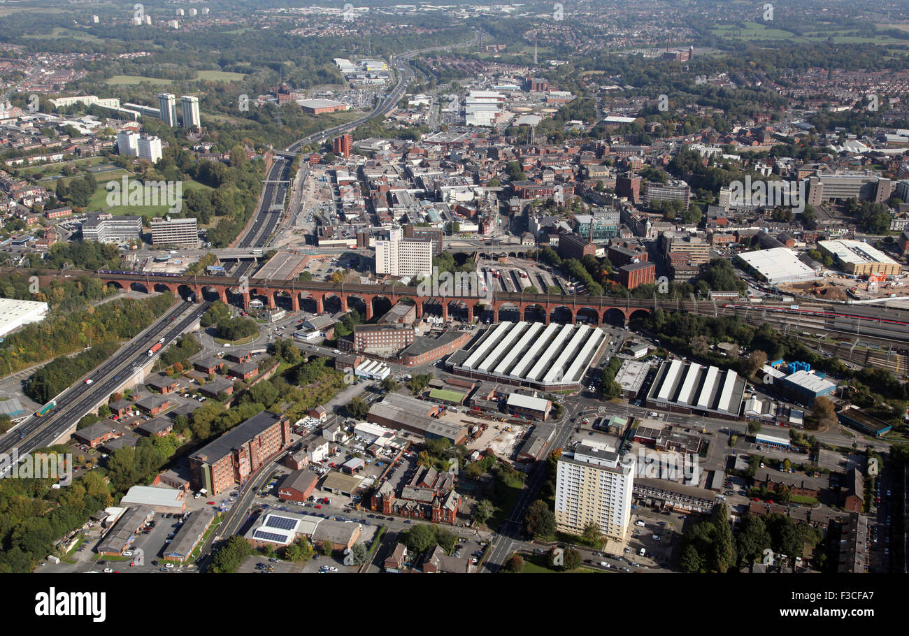 aerial view of Stockport town centre and famous rail viaduct, UK Stock Photo