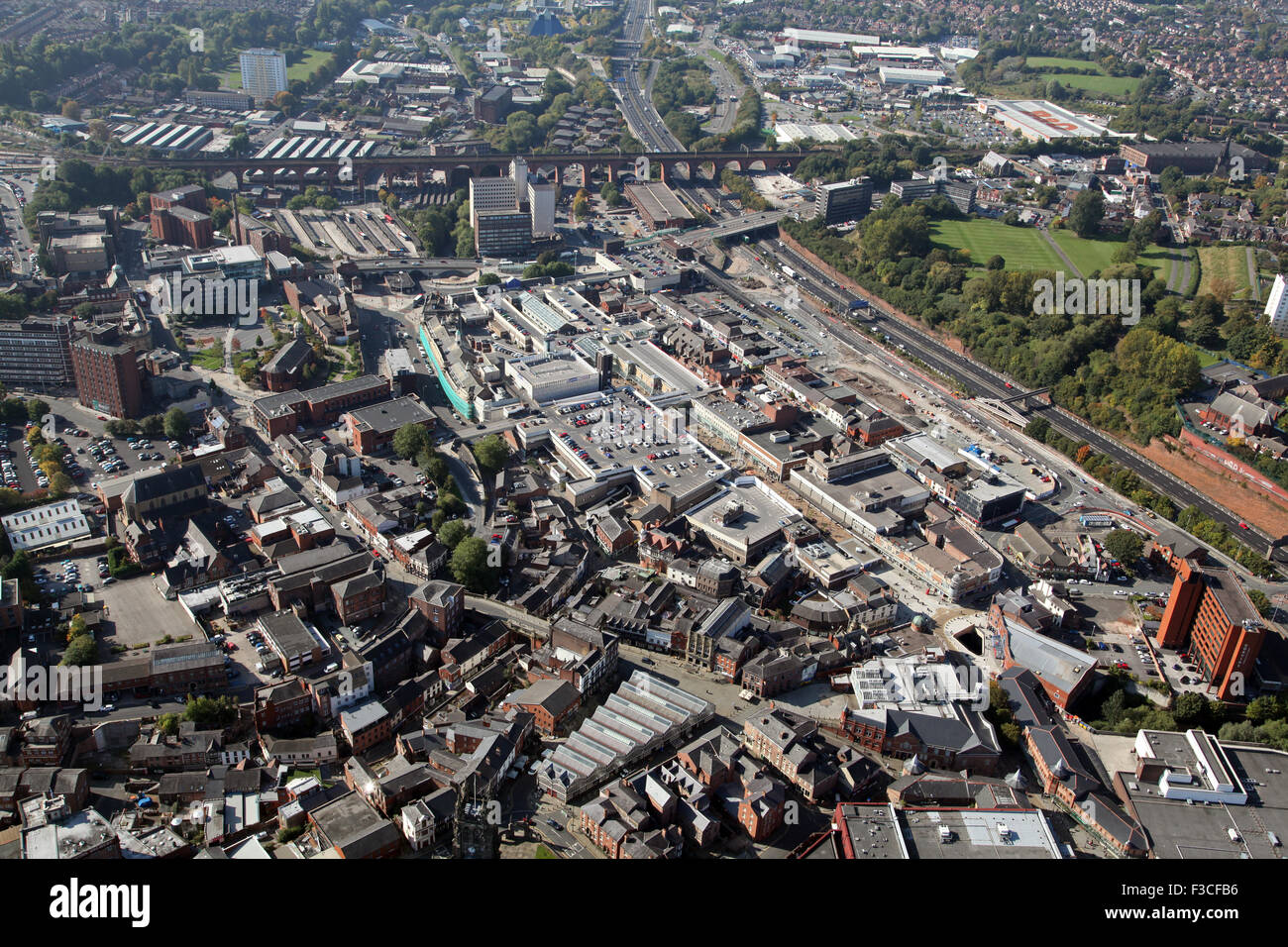 aerial view of Stockport town centre and famous rail viaduct, UK Stock