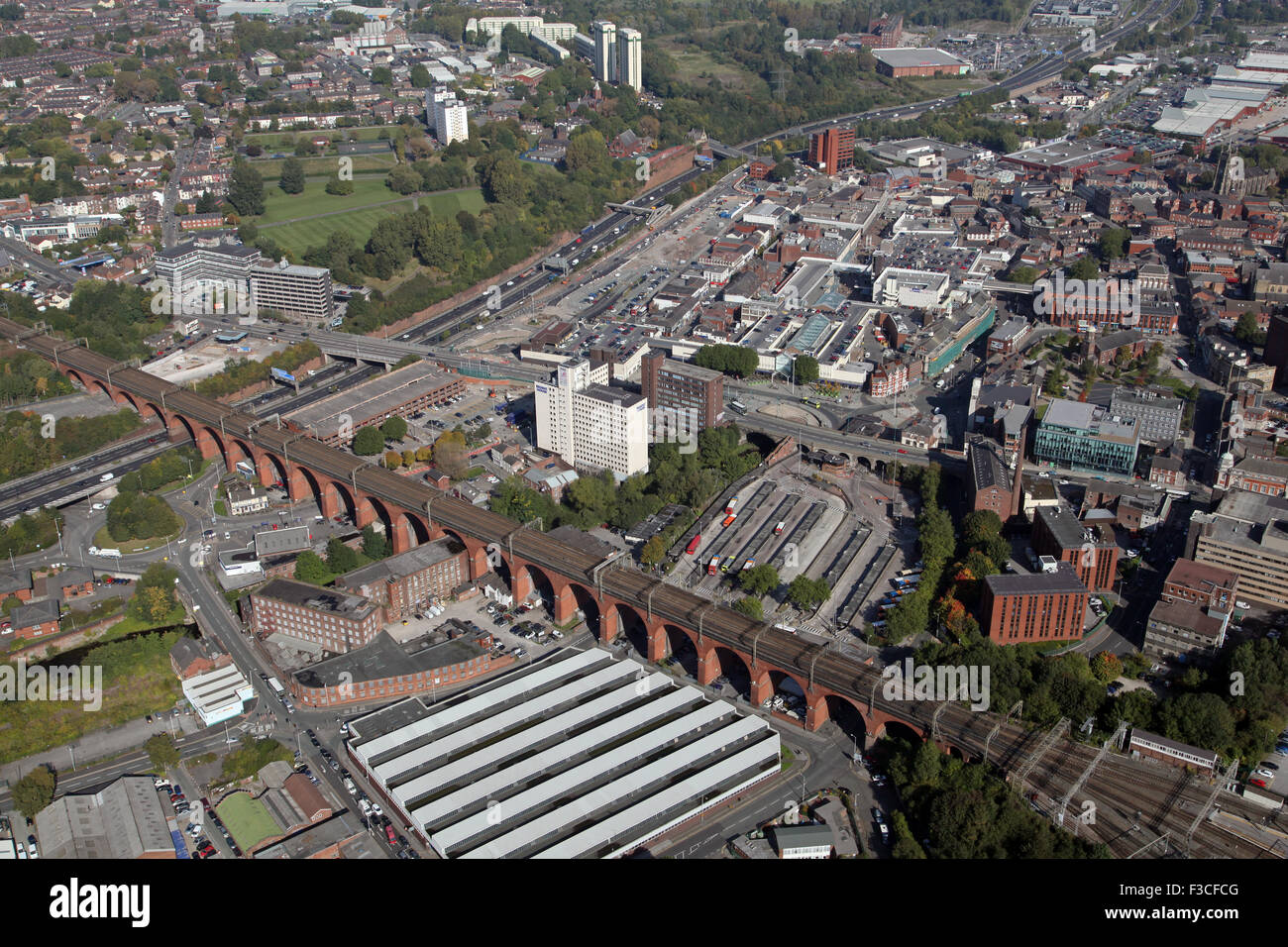 aerial view of Stockport town centre and famous rail viaduct, UK Stock
