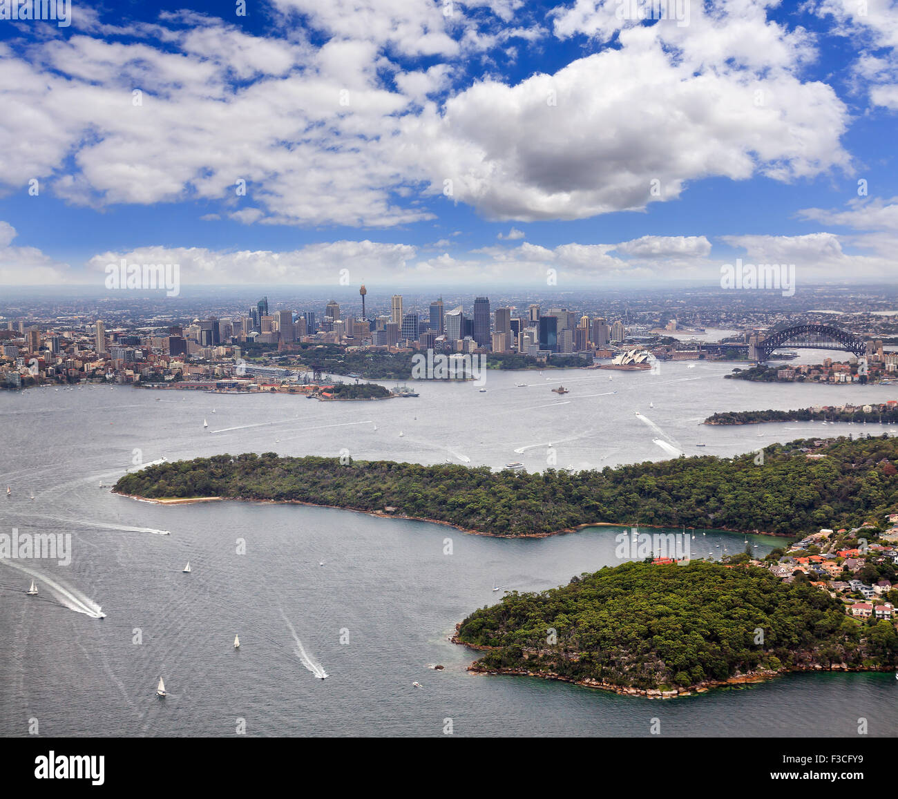 Australia Sydney Harbour aerial view from middle head and Bradley's head towards city CBD landmarks and harbour bridge Stock Photo
