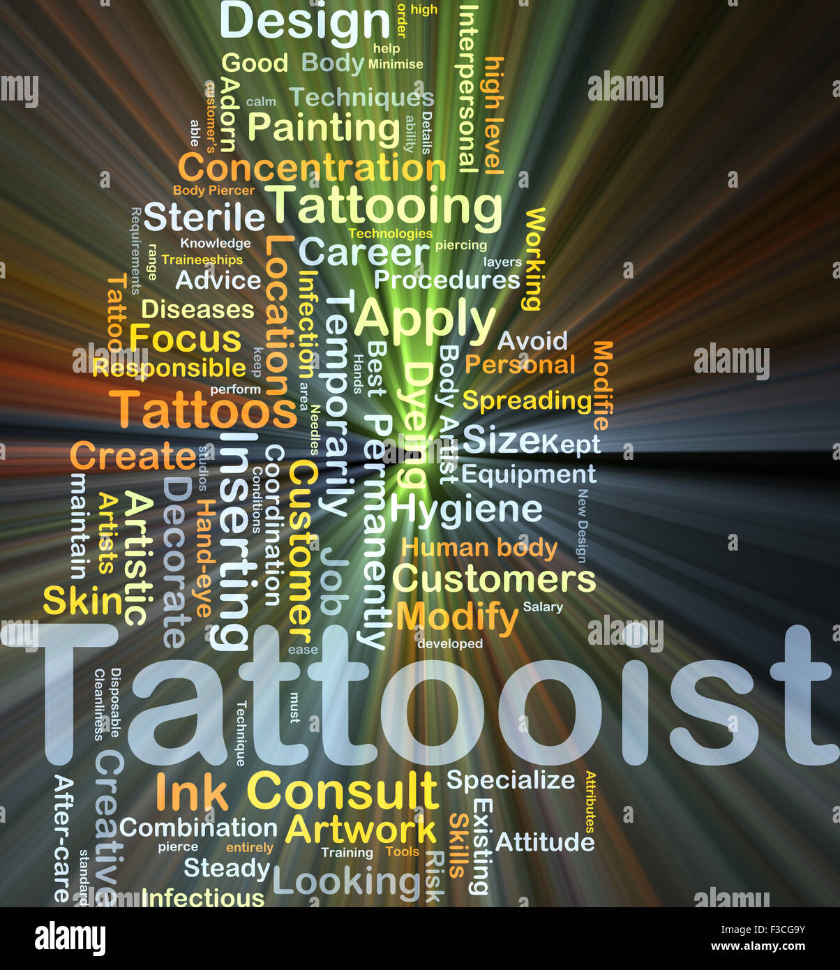 Background concept wordcloud illustration of tattooist glowing light Stock Photo