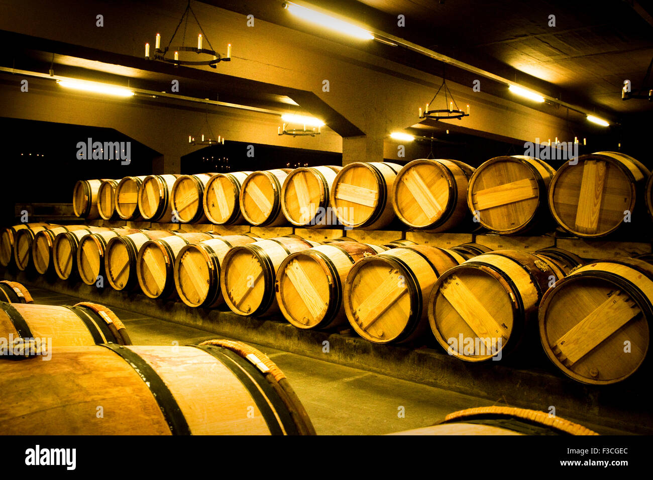Wooden wine casks in wine cellar Stock Photo Alamy