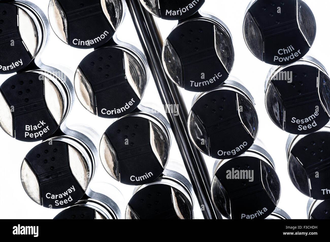 Collection Of Spice Jars In A Stainless Steel Rack Stock Photo Alamy