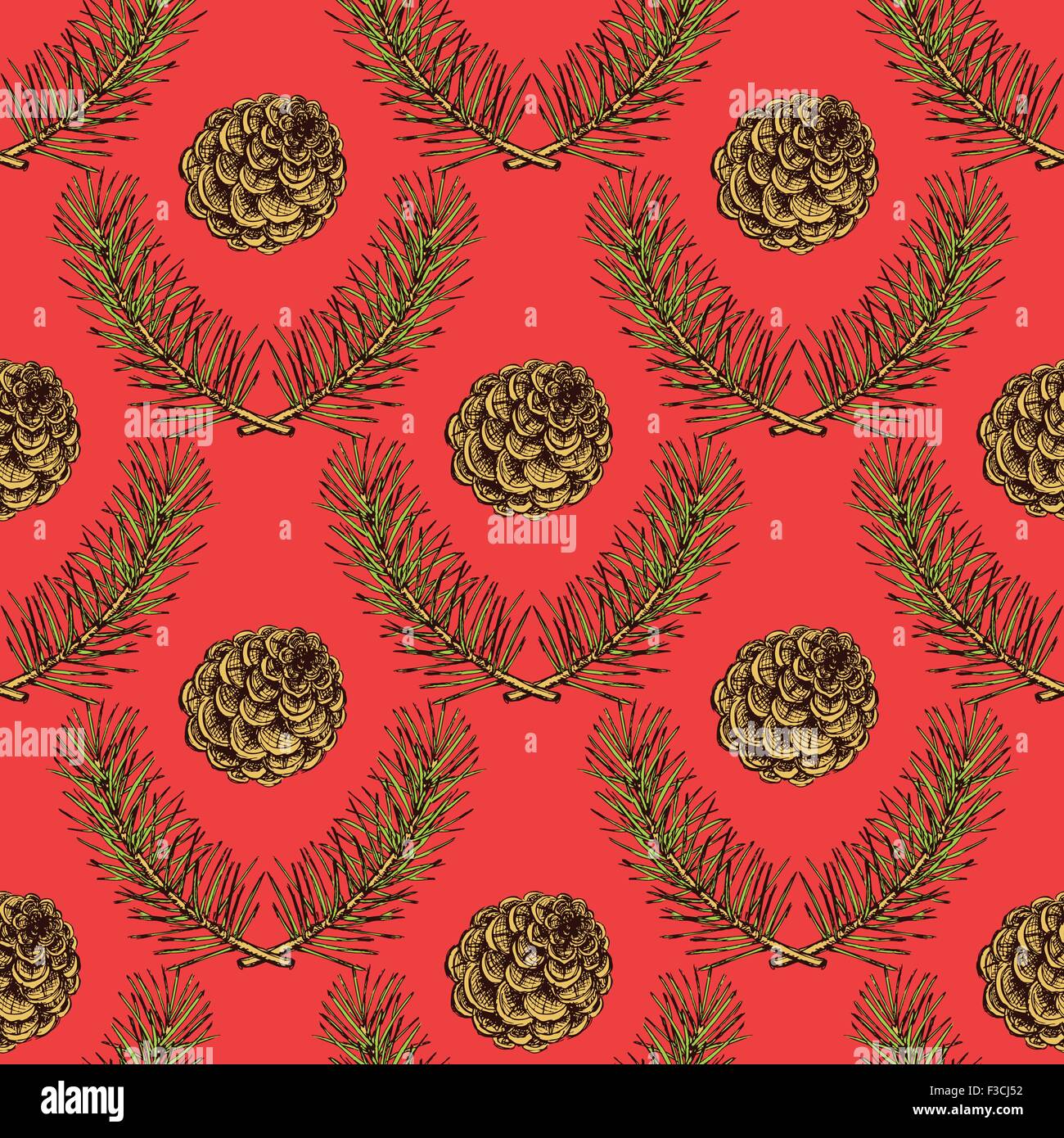 Sketch pine branch and cones in vintage style, vector seamless pattern ...