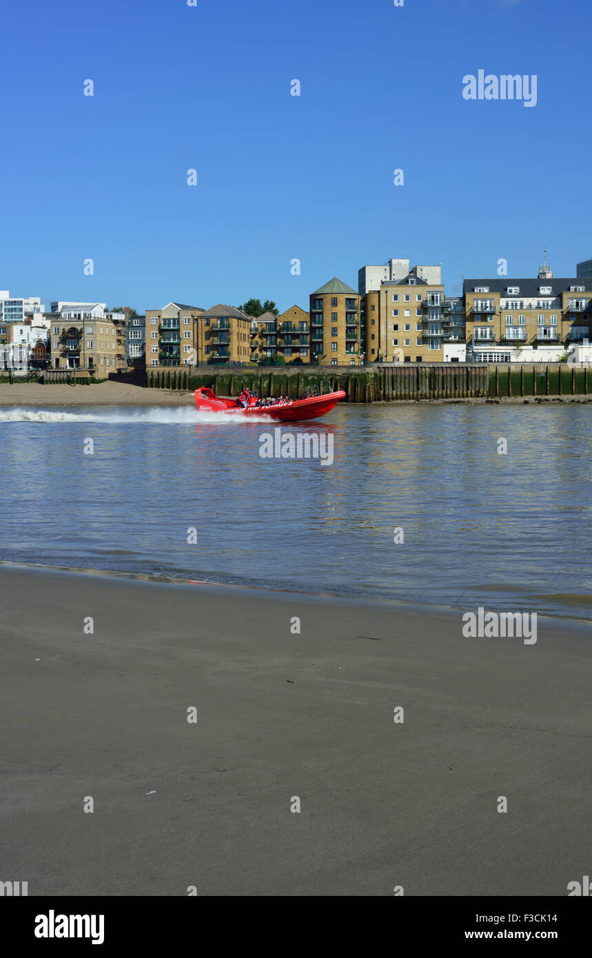 Jet powered river cruise, Thames River, Limehouse, London, United Kingdom Stock Photo