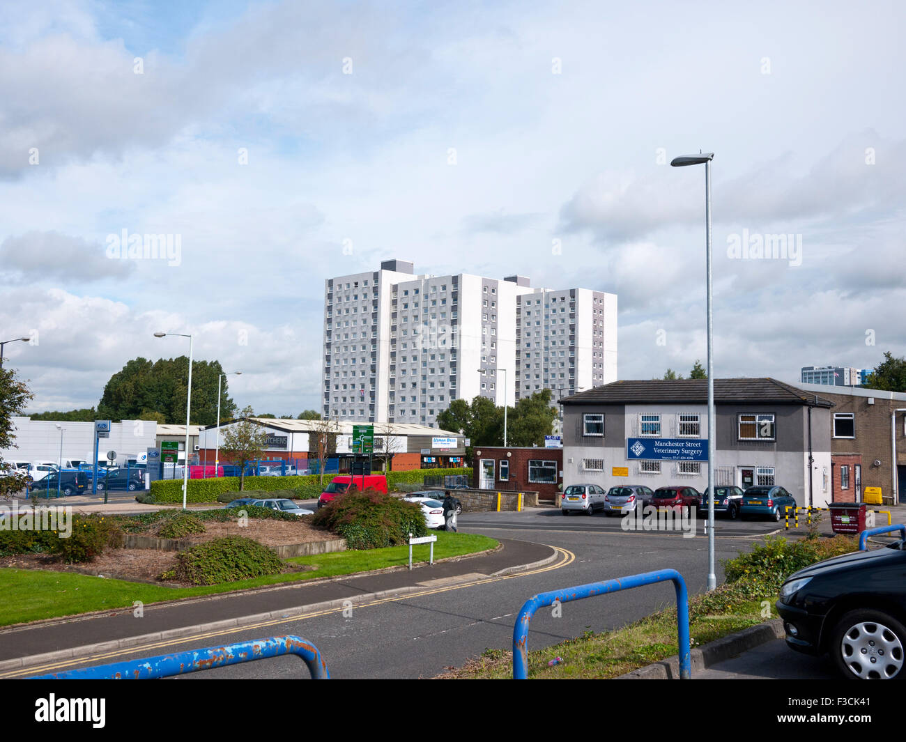 High rise flats in Oldham town centre, Oldham, Greater Manchester, UK