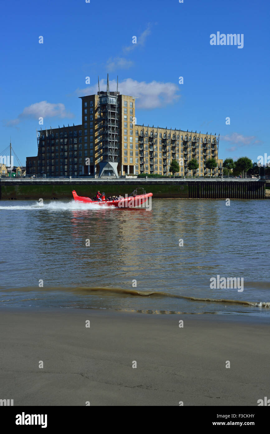 Jet powered river cruise, Thames River, Canary riverside, London, United Kingdom Stock Photo