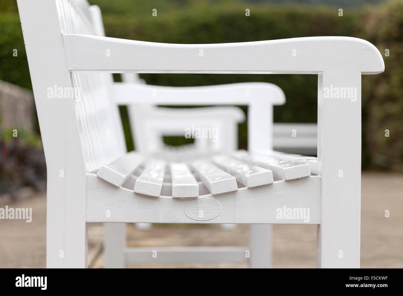 White Painted wooden benches in a row Stock Photo