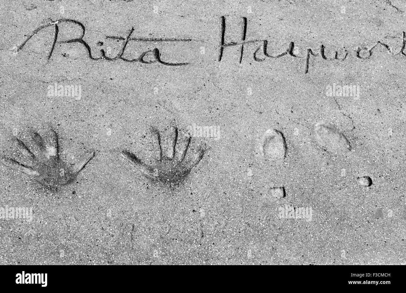 Rita Hayworth footprints, walk of fame, Hollywood Stock Photo