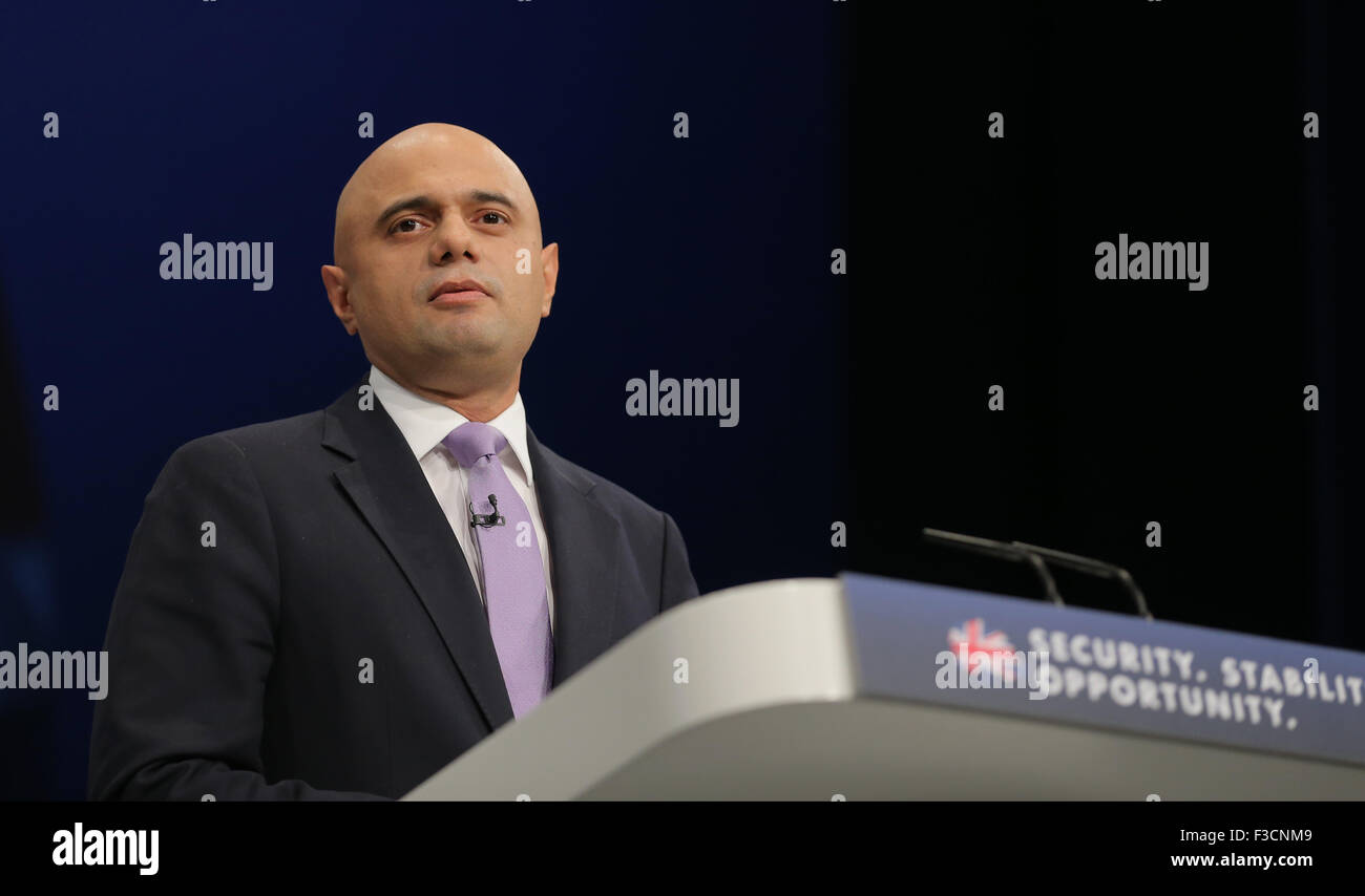 Manchester, UK. 5th October, 2015. Sajid Javid Mp Secretary Of State For Business Innovation & Skills Conservative Party Conference 2015 Manchester Central, Manchester, England 05 October 2015 Addresses The Conservative Party Conference 2015 At Manchester Central, Manchester Credit:  Allstar Picture Library/Alamy Live News Stock Photo