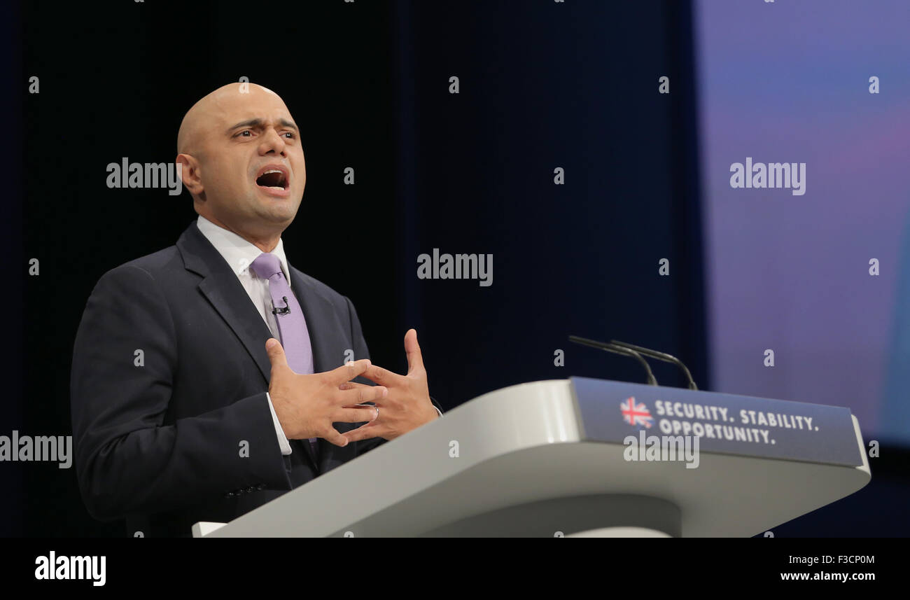 Manchester, UK. 5th October, 2015. Sajid Javid Mp Secretary Of State For Business Innovation & Skills Conservative Party Conference 2015 Manchester Central, Manchester, England 05 October 2015 Addresses The Conservative Party Conference 2015 At Manchester Central, Manchester Credit:  Allstar Picture Library/Alamy Live News Stock Photo