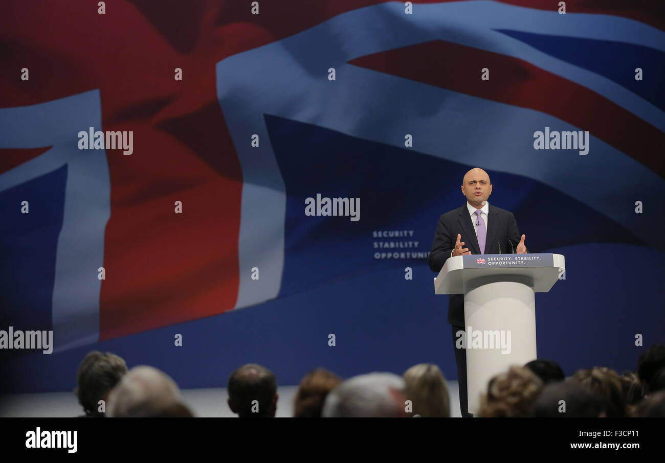 Manchester, UK. 5th October, 2015. Sajid Javid Mp Secretary Of State For Business Innovation & Skills Conservative Party Conference 2015 Manchester Central, Manchester, England 05 October 2015 Addresses The Conservative Party Conference 2015 At Manchester Central, Manchester Credit:  Allstar Picture Library/Alamy Live News Stock Photo